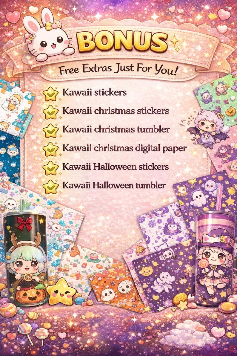 May include: A promotional image with a pink and purple glitter background. It features a cute bunny character and the word "BONUS". The image lists "Kawaii stickers", "Kawaii Christmas stickers", "Kawaii Christmas tumbler", "Kawaii Christmas digital paper", "Kawaii Halloween stickers", and "Kawaii Halloween tumbler".