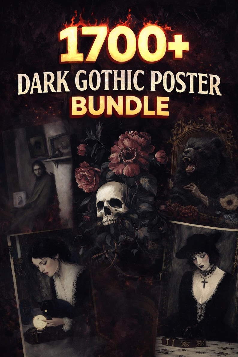 May include: A dark gothic poster bundle with the text "1700+". The image features a skull, roses, and portraits of gothic figures. The colour palette is dark with red and black tones, creating a mysterious and dramatic atmosphere.