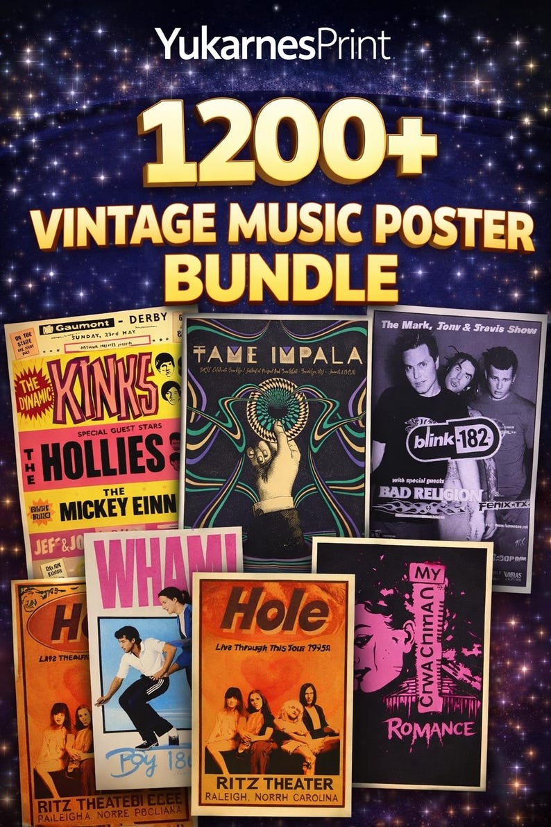 1200+ Vintage Music Poster Bundle , Retro Rock Bands, Classic Concert ...
