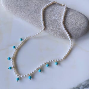 Natural Pearl and Turquoise Drop Necklace - Real Pearl Choker - Authentic Turquoise - Handmade Gold Accents - Luxury Gift for Her