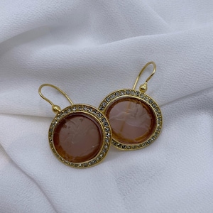 Oval Shaped Intaglio Glass Earrings with zircon crystals – Greek Mythology Print – Gold-Plated Sterling Silver – Vintage-Inspired Jewelry