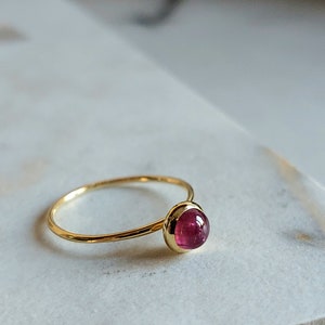 Stacking PINK tourmaline ring. 14k yellow gold pink round cabochon cut tourmaline ring. Solitaire pink tourmaline ring.