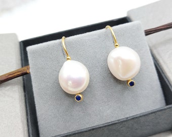 Freshwater pearl wire earrings made of 14K yellow gold&blue round zircons on their bottom.Hand-made 14k gold white pearl earrings for women