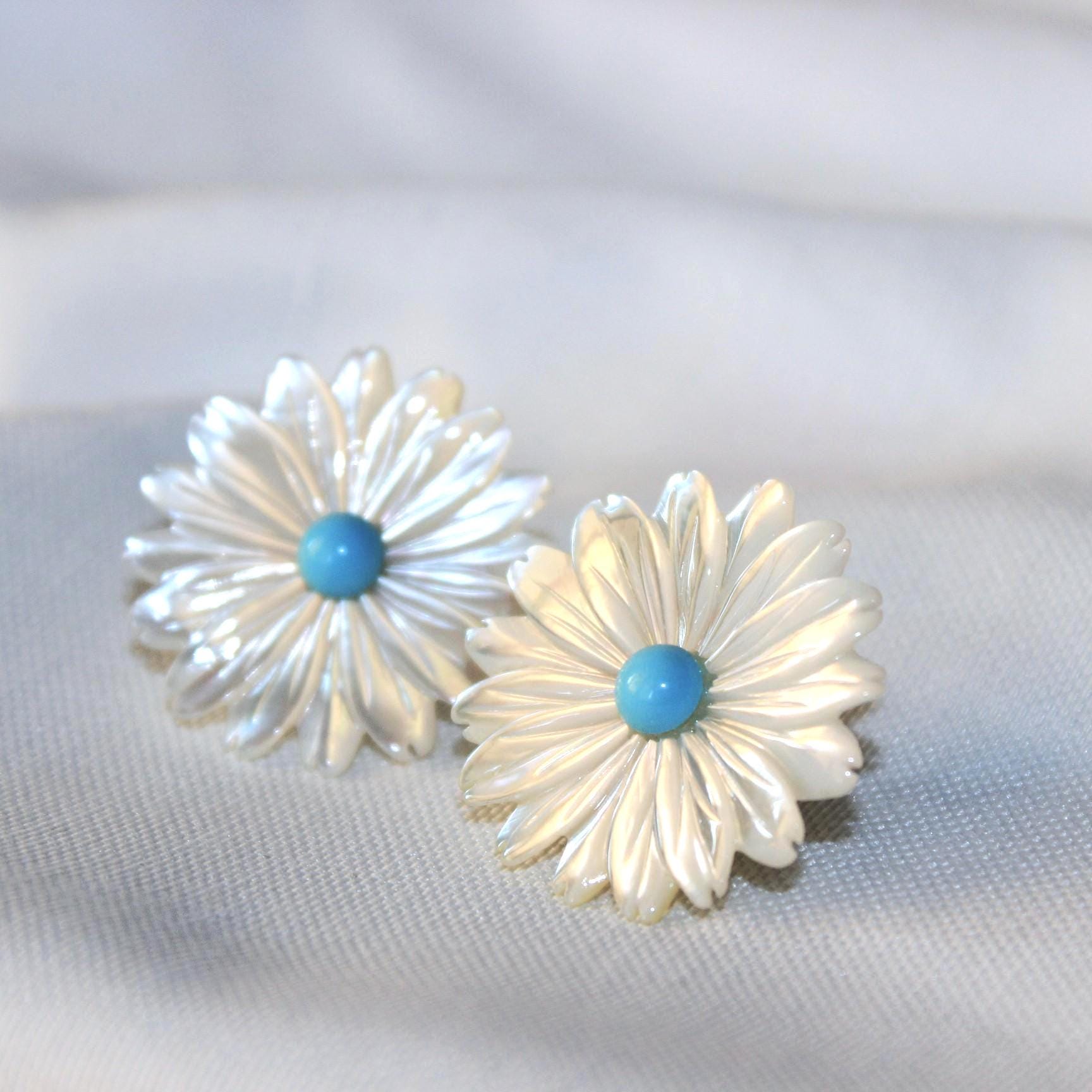 Boucles D'oreilles Argent 925 - Marguerite Avec Pétales Turquoise Et Corail, Neuves Avec étiquettes