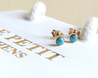 Tiny round turquoise stud earrings made of 14k yellow gold. 14k yellow gold natural turquoise stud earrings. Gift for her.