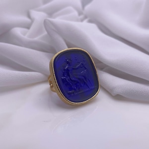 Gold-Plated Intaglio Ring – Greek Mythology Statement Jewelry – Vintage-– Available in Blue and many other colors