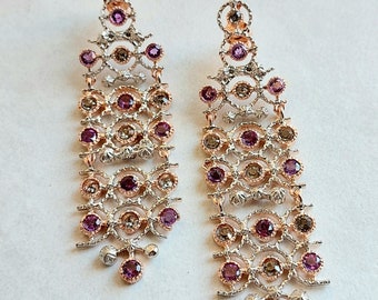Antique/ Art Deco Link earrings with Swarovski crystals all made of white and rose gold plated silver. Gift for her.