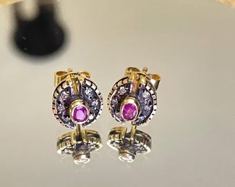 Vintage 1980s Handmade K18 Gold Ruby and Diamond Crescent Earrings – Greek Designer Fine Jewelry