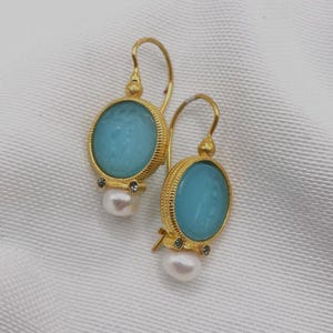 Gold-Plated Blue Intaglio Earrings with Freshwater Pearls and Zircon Accents. Perfect gift for her
