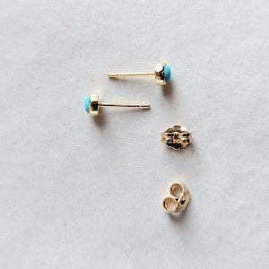 Tiny round turquoise stud earrings made of 14k yellow gold. 14k yellow gold natural turquoise stud earrings. Gift for her. image 9