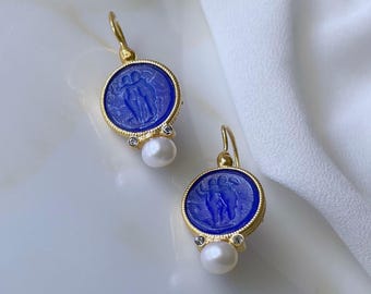 Handcrafted Blue Intaglio Earring with Pearls & Zircon Accents | Gold Plated Artisan Design