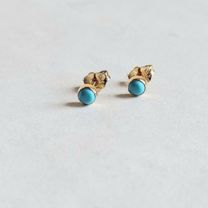 Tiny round turquoise stud earrings made of 14k yellow gold. 14k yellow gold natural turquoise stud earrings. Gift for her. image 5