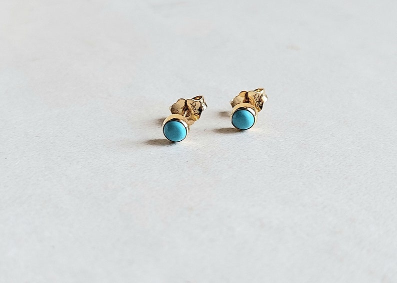 Tiny round turquoise stud earrings made of 14k yellow gold. 14k yellow gold natural turquoise stud earrings. Gift for her. image 5
