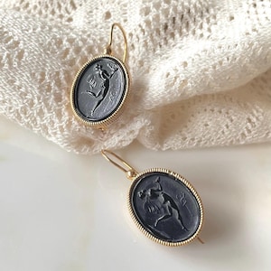 Gold-Plated Silver 925 Intaglio Earrings – Greek Mythology Jewelry, Black Oval Dangle Earrings, Handmade Antique Style Engraved Earrings