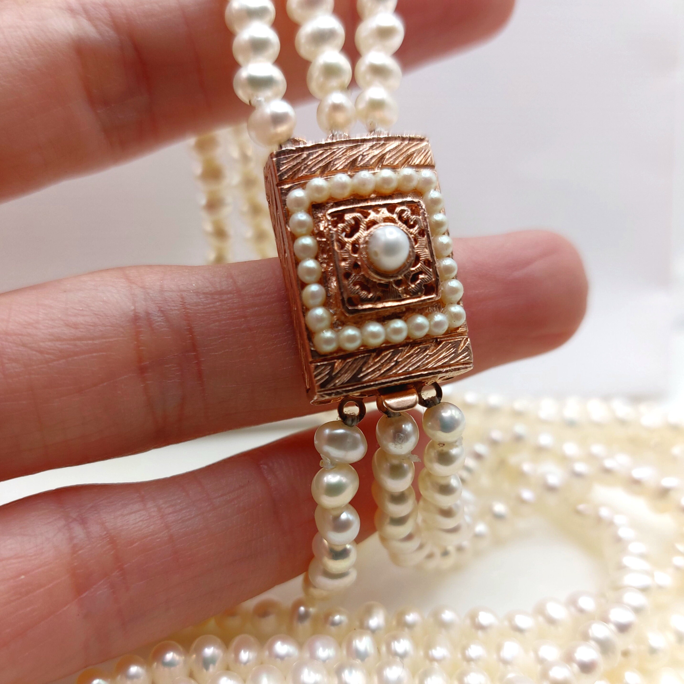 Collier Vintage 3 Rangs Perles Naturelles Marbrées Avec Fermoir - Occasion Bon état