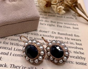 Antique style Blue Zaphire Earrings . Rose Gold plated with fresh water pearls. Christmas gift for her