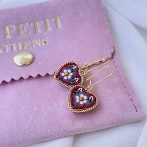 Handmade Italian Micro Mosaic Heart Earrings | Red Floral Mosaic in Gold Tone Metal | Lightweight & Hypoallergenic | Real Mosaic Art Jewelry
