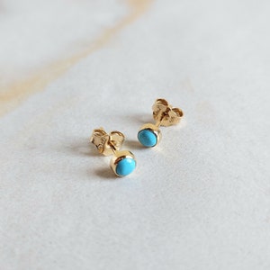Tiny round turquoise stud earrings made of 14k yellow gold. 14k yellow gold natural turquoise stud earrings. Gift for her. image 8