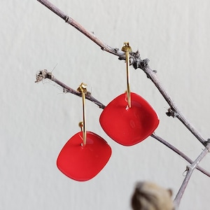 Red Enamel Flower petal dangle earrings made of yellow gold plated silver 925o. Handmade red Dangle earrings.