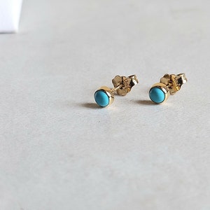 Tiny round turquoise stud earrings made of 14k yellow gold. 14k yellow gold natural turquoise stud earrings. Gift for her. image 4