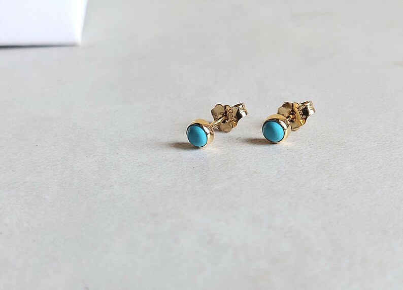 Tiny round turquoise stud earrings made of 14k yellow gold. 14k yellow gold natural turquoise stud earrings. Gift for her. image 4