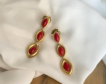 Red Real Coral Drop Earrings | Long Dangle Earrings | Gold Plated 925 Sterling Silver