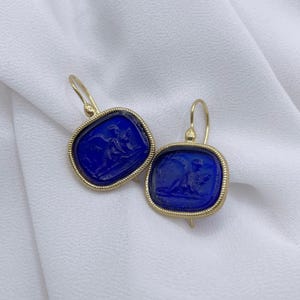 Gold-Plated Silver 925 Intaglio Earrings – Greek Mythology Jewelry, Deep Blue Dangle Earrings, Handmade Antique Style Engraved Earrings