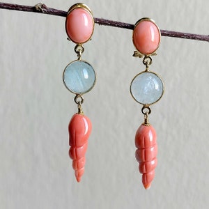 Coral and Aquamarine drop Earrings set on yellow gold plated silver with french closure. Angel skin Coral earrings.