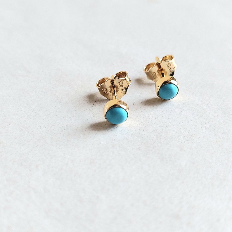 Tiny round turquoise stud earrings made of 14k yellow gold. 14k yellow gold natural turquoise stud earrings. Gift for her. image 3