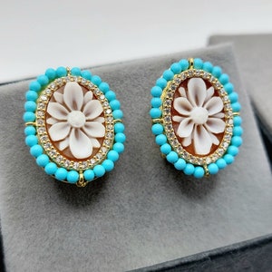 Real Cameo shell oval stud earrings,turquoise beads & zircons outline with French clip closure 925o sterling silver.Gift for her.