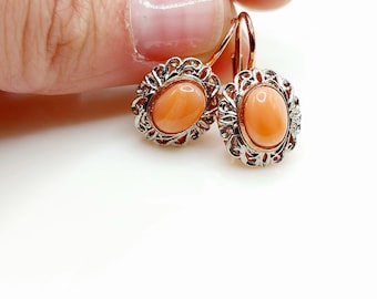 Boucles D'Oreilles Vintage Argent 925 & Corail Peau D'Ange - Clou Bouton De Rose