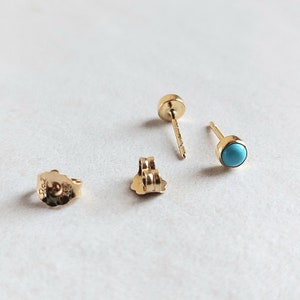 Tiny round turquoise stud earrings made of 14k yellow gold. 14k yellow gold natural turquoise stud earrings. Gift for her. image 10