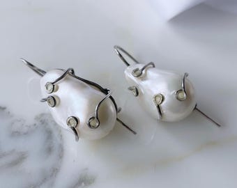 Boucles D'oreilles Pendantes Argent 925 Avec Perles Baroques D'eau Douce - Grand Modèle