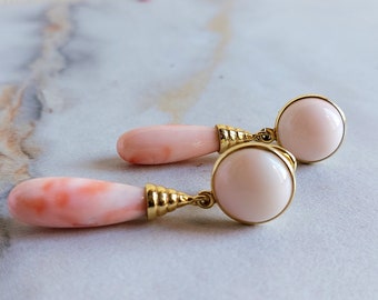 Angel Skin Coral Dangle Earrings: Yellow Gold Plated Silver