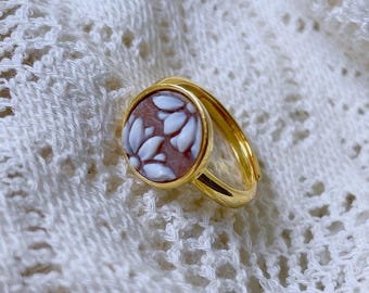 Vergoldeter Sterlingsilber Echter Cameo Runder Ring - Handgeschnitzter Muschel Cameo Schmuck