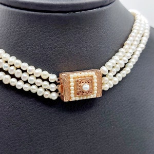 Vintage 3-Strand Pearl Necklace: Rose Gold Clasp Bridal Jewelry