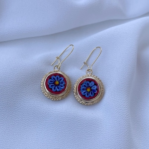 Handmade Italian Micro Mosaic Earrings | Round Red Earrings with Blue Flowers | 1.7cm Mosaic | Gold Tone Hypoallergenic Metal
