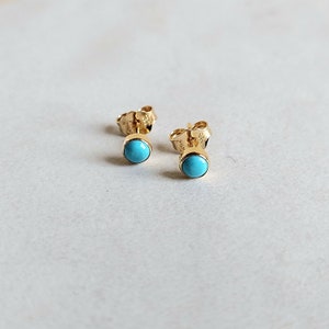 Tiny round turquoise stud earrings made of 14k yellow gold. 14k yellow gold natural turquoise stud earrings. Gift for her. image 6