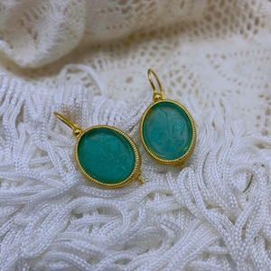 Gold-Plated Silver 925 Intaglio Earrings – Greek Mythology Jewelry, Green Oval Dangle Earrings, Handmade Antique Style Engraved Earrings