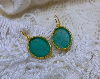 Gold-Plated Sterling Silver Intaglio Earrings: Green Antique Style Jewelry