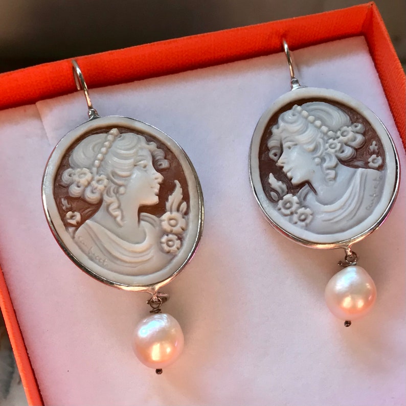 Italienische Kamee Muschel Ohrringe gebunden auf Sterling Silber.Brautschmuck.Geschenk für sie. Bild 3