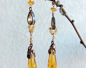 Citrine drop earrings, November's birthstone drop earrings antique style made of rose gold plated silver 925o and rhinestones.Gift for her.