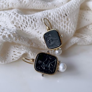 Gold-Plated Silver 925 Intaglio Earrings – Black Dangle Earrings with Freshwater Pearls & Zircon, Greek Mythology Jewelry, Antique-Inspired