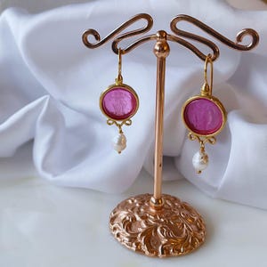 Gold-Plated Silver 925 Pink Intaglio Earrings – Dangle Earrings with Freshwater Pearls & Zircon, Greek Mythology Jewelry