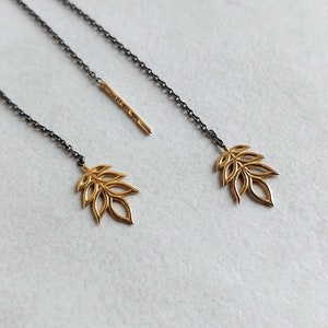 14k solid and rhodium silver chain Leaf threader Drop earrings.14k gold and chain dangle & drop earrings. Handmade Gift for her.