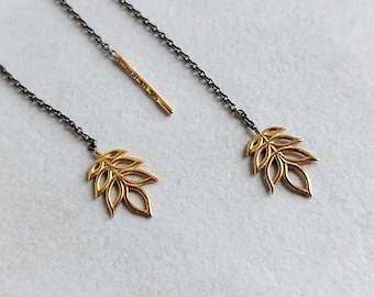 14k solid and rhodium silver chain Leaf threader Drop earrings.14k gold and chain dangle & drop earrings. Handmade Gift for her.
