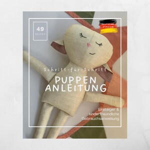 May include: A soft, beige stuffed animal lamb with pink accents, lying on a white surface. The image includes text in German: "Puppen Anleitung" (Doll Instructions), "Deutsche Version", and "49 Seiten" (49 pages).