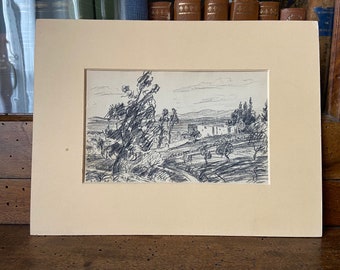 Dessin de paysage ancien au fusain, France, daté 1928