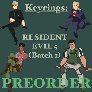 Op de afbeelding: Illustratie van Resident Evil 5 sleutelhangers. De afbeelding toont vier personages in actieposes, met de tekst "Keyrings: RESIDENT EVIL 5 (Batch 1) PREORDER" in groen en wit. De achtergrond is donkergroen.