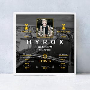 May include: A framed print with a monochrome cityscape background and a central image of a man in athletic wear. The print displays "HYROX GLASGOW March 12th 2026" and workout data, including times and rankings, in a white frame.
